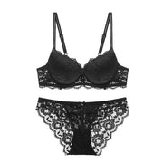 Varsbaby New sexy lace bra set solid flower three quarters women underwear