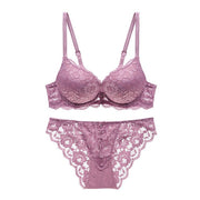 Varsbaby New sexy lace bra set solid flower three quarters women underwear