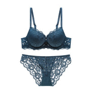 Varsbaby New sexy lace bra set solid flower three quarters women underwear