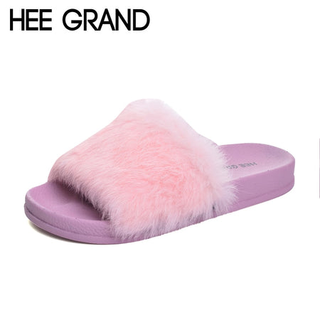 HEE GRAND Sweet Faux fur Slippers Leisure Flats Shoes Woman Slip On Winter Warm Solid Women Shoes Fashion Slides Creepers XWT857