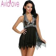 Avidlove Stylish Women Sexy Lingerie Dress Babydoll Halter Sheer Mesh Sleep Dress Sexy Asymmetrical Hem Nightgown with G-string