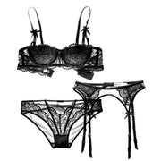 Varsbaby France half cup sexy lace bra sets for women bra+panties+Garters 3 piece/lots
