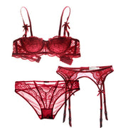 Varsbaby France half cup sexy lace bra sets for women bra+panties+Garters 3 piece/lots