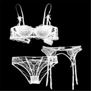 Varsbaby France half cup sexy lace bra sets for women bra+panties+Garters 3 piece/lots
