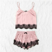 Pink Spaghetti Strap Lace Applique Satin Set