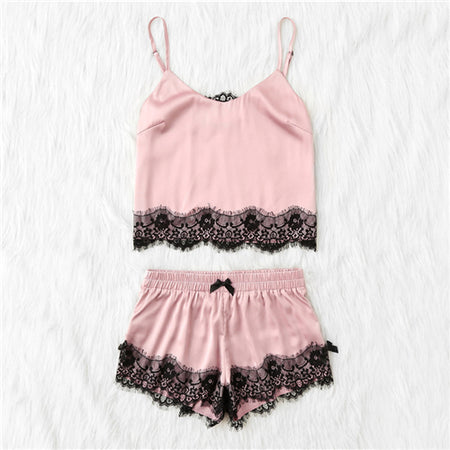 Pink Spaghetti Strap Lace Applique Satin Set