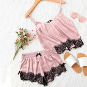 Pink Spaghetti Strap Lace Applique Satin Set