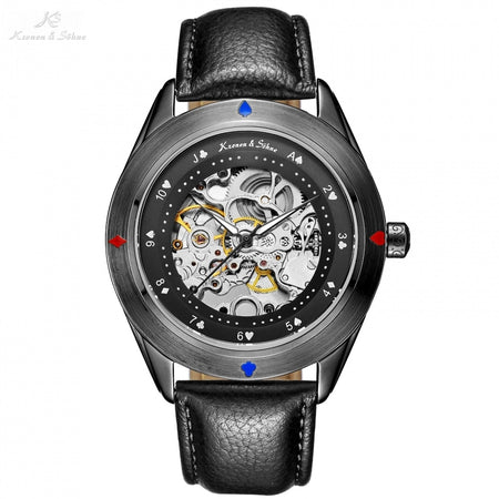 KS Automatic Self Winding Poker Card Full Black Steampunk Transparent Movement Male Clock Mens Leather Mechanical Watches /KS383
