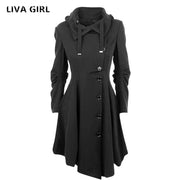2017 Fashion Long Medieval Trench Woolen Coat Women Winter Black Stand Collar Gothic Overcoat Elegant Women Coat Vintage Female