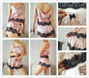 Pink Spaghetti Strap Lace Applique Satin Set