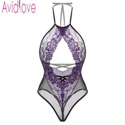 Avidlove Women Sexy Lingerie One Piece Bodysuit Lace Lingerie Mesh Sheer Transparent Bodysuit Nightwear Black Purple Playsuit