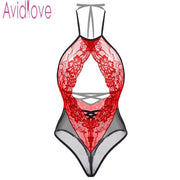 Avidlove Women Sexy Lingerie One Piece Bodysuit Lace Lingerie Mesh Sheer Transparent Bodysuit Nightwear Black Purple Playsuit
