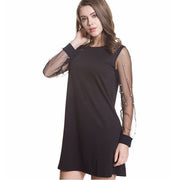 Elegant Womens Dresses 2018 Summer Autumn Pearl Beading Mesh Sleeve Tunic Dress Black Boat Neck Long Sleeve A- Line Dress