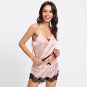Pink Spaghetti Strap Lace Applique Satin Set