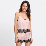 Pink Spaghetti Strap Lace Applique Satin Set