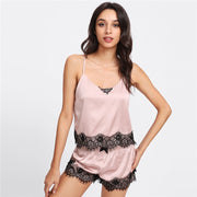 Pink Spaghetti Strap Lace Applique Satin Set