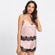 Pink Spaghetti Strap Lace Applique Satin Set