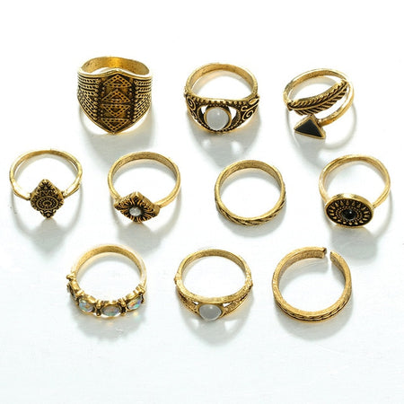 Tocona 10pcs/Set Bohemia Antique Gold Silver Arrow Leaf Carved Rings Sets Rhinestone Knuckle Rings for Women Jewelry 4846