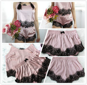Pink Spaghetti Strap Lace Applique Satin Set