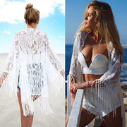 ITFABS Sexy Women Lace Bikini Swimwear Lace Flower Cover Up Tops Long Sleeve Tassels Blouse Kaftan