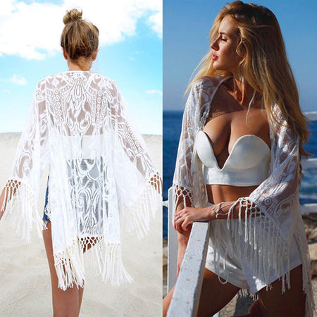 ITFABS Sexy Women Lace Bikini Swimwear Lace Flower Cover Up Tops Long Sleeve Tassels Blouse Kaftan