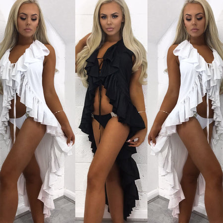 New Summer Women Chiffon Bikini Long Cover Up Cardigan Swimwear Black and White Beach Bathing Maxi Dress