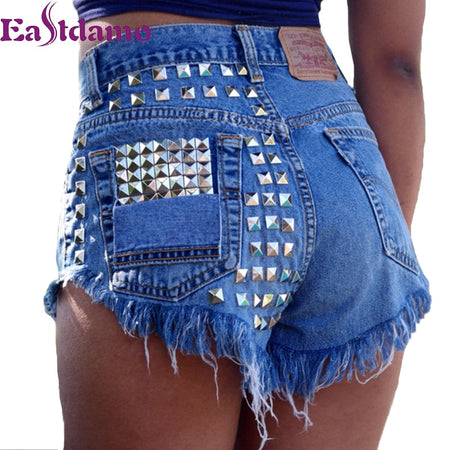 New Hot Ripped Jeans Shorts Women Fashion Hole Rivet Denim Shorts Female Summer Style Plus Size Short Trousers Women Clothing