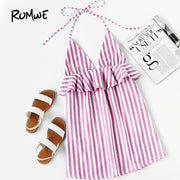 ROMWE Halter Neck Vertical Striped Frill Trim Dress Women's Summer 2018 Dress Pink Sleeveless Sexy Ladies Dresses