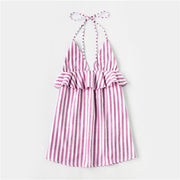 ROMWE Halter Neck Vertical Striped Frill Trim Dress Women's Summer 2018 Dress Pink Sleeveless Sexy Ladies Dresses