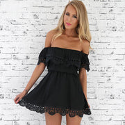 Fashion women Elegant Vintage sweet lace white Dress stylish sexy slash neck casual slim beach Summer Sundress vestidos