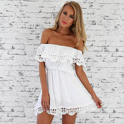 Fashion women Elegant Vintage sweet lace white Dress stylish sexy slash neck casual slim beach Summer Sundress vestidos