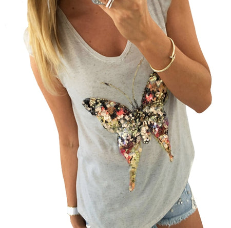 2018 summer t shirts for women 3D Sequined Butterfly short Sleeve grey t shirt kawaii womens clothing summer tops cute tees