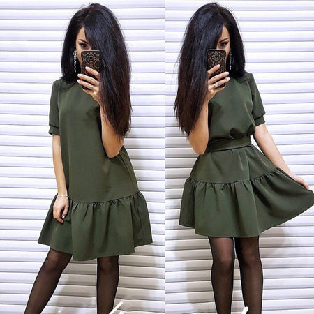 LDZHPS 2018 New Fashion Women Bohemian Loose Dress Casual O-Neck Short Sleeve Dresses Elegant Ruffled Beach vestidos with Belt