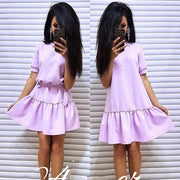 LDZHPS 2018 New Fashion Women Bohemian Loose Dress Casual O-Neck Short Sleeve Dresses Elegant Ruffled Beach vestidos with Belt