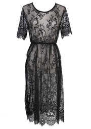 ITFABS Summer Women Lace Bikini Short Sleeve Lace Floral Swimwear Bathing Suit Long Cover Up Beach Dress