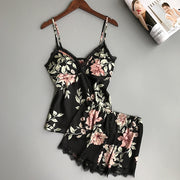 QWEEK Sleep Lounge Pajama Set Sexy Satin Sleepwear Women Summer Pyjama Femme Fashion Flower Pajamas for Women with Chest Pad