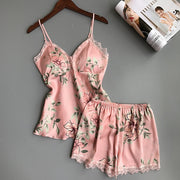 QWEEK Sleep Lounge Pajama Set Sexy Satin Sleepwear Women Summer Pyjama Femme Fashion Flower Pajamas for Women with Chest Pad
