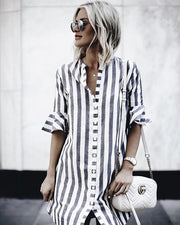 LDZHPS 2018 Summer New Striped Straight Dress Casual Button V-neck Half Flare Sleeve Long shirt dresses Vintage Loose Vestidos