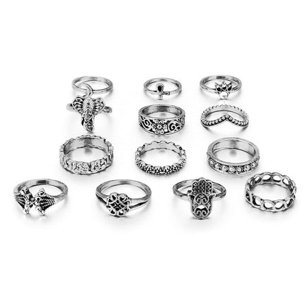Tocona 13pcs/Set Bohemia Elephant Crown Flower Crystal Rings Set Gold Silver Knuckle Finger Rings for Women Party Jewelry 4096