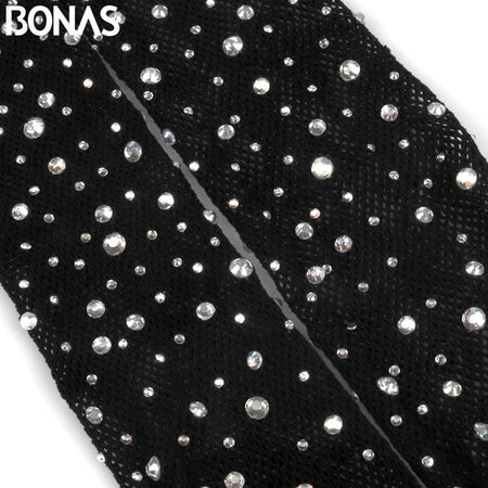 BONAS 2018 Hot Sexy Open Crotch Fishnet Tights Womens Delight Diamond Mesh Stockings Lady Shiny Rhinestone Nylons Pantyhose