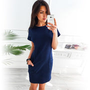 Summer Dress 2018 Women Loose Straight Fashion Pockets Elegant Mini Dress Casual O-neck Short Sleeve Solid Party Dresses