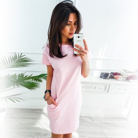Summer Dress 2018 Women Loose Straight Fashion Pockets Elegant Mini Dress Casual O-neck Short Sleeve Solid Party Dresses
