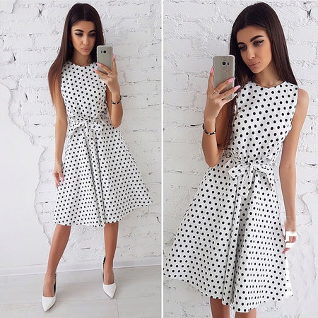 Women Summer Dress 2018 Fashion Dot Print Sleeveless Casual Boho Dress Ladies Elegant Vintage Knee-Length Party Dresses Vestidos