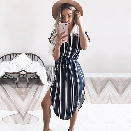 Womens Dresses New Arrival 2018 Summer Striped Vintage Casual Dresses V-neck Elegant Boho Beach Dress Plus Size