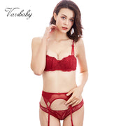 Varsbaby France half cup sexy lace bra sets for women bra+panties+Garters 3 piece/lots