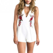 Rose Pattern Decals Embroidery Jumpsuit Sexy Bodysuit Skinny Women One-piece Garment Sleeveless Bodysuits