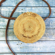 Summer Vintage Handmade Crossbody Leather Bag Round Straw Beach Bag Girls Circle Rattan bag Small Bohemian Shoulder bag