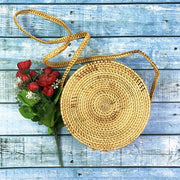 Summer Vintage Handmade Crossbody Leather Bag Round Straw Beach Bag Girls Circle Rattan bag Small Bohemian Shoulder bag