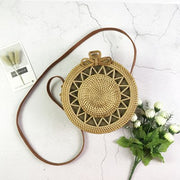 Summer Vintage Handmade Crossbody Leather Bag Round Straw Beach Bag Girls Circle Rattan bag Small Bohemian Shoulder bag