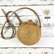 Summer Vintage Handmade Crossbody Leather Bag Round Straw Beach Bag Girls Circle Rattan bag Small Bohemian Shoulder bag